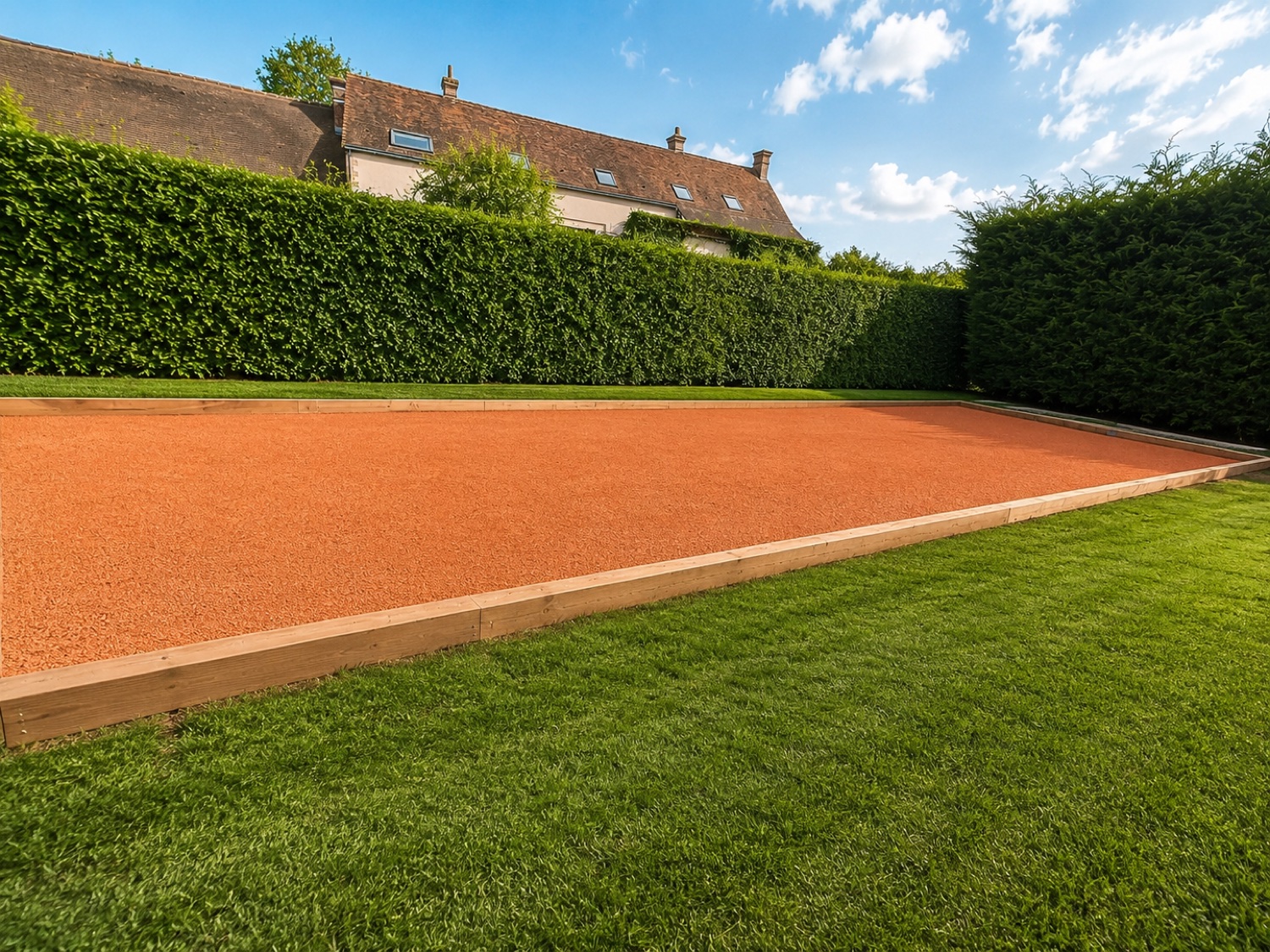Terrain de pétanque en terre battue bordé de bois, entouré de haies taillées